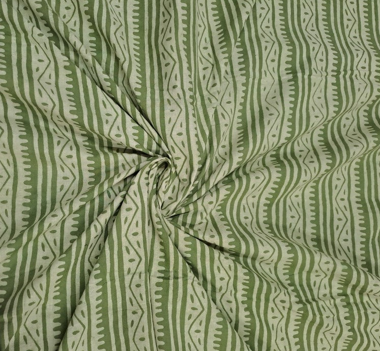 Dull Green Stripes Print Cotton Cambric Fabric - Kapda Shop