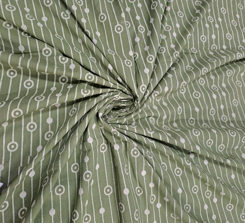 Green Stripes Print Dabbu Cotton Cambric Fabric - Kapda Shop