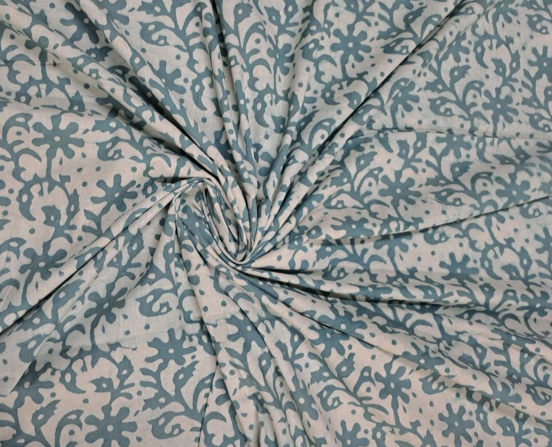 Teal Blue Floral Dabbu Cotton Cambric Fabric - Kapda Shop