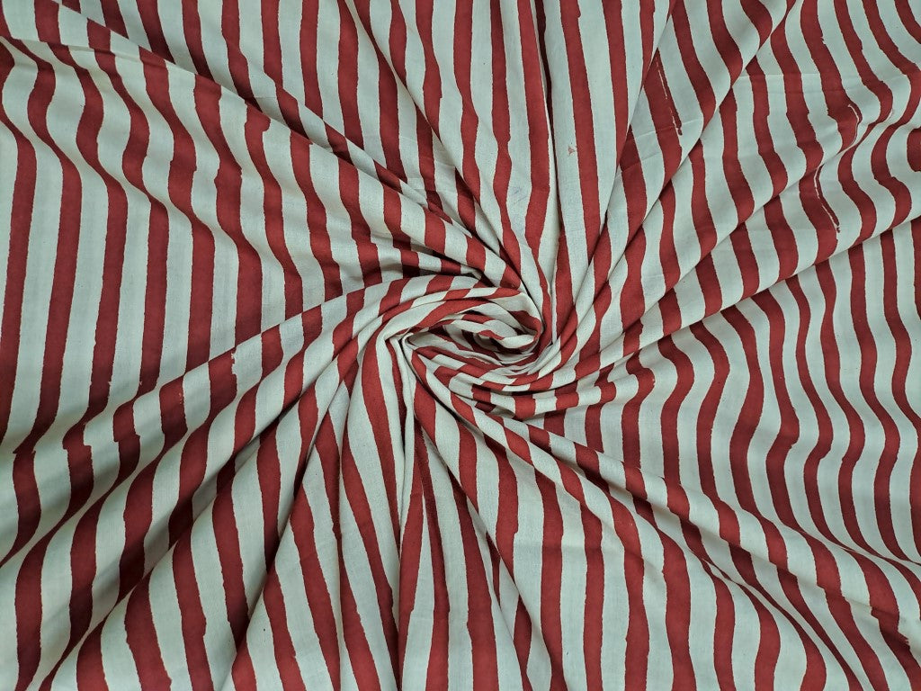 Maroon & White Stripes Print Cotton Cambric Fabric - Kapda Shop