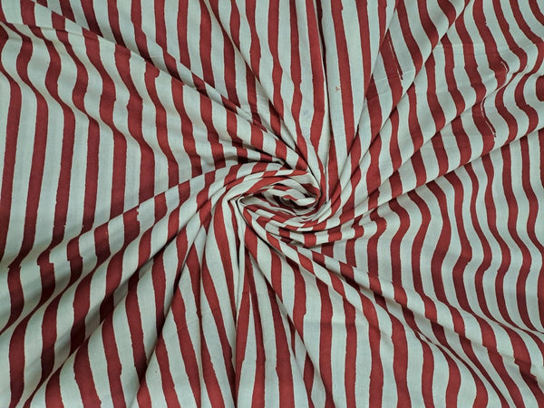 Maroon & White Stripes Print Cotton Cambric Fabric