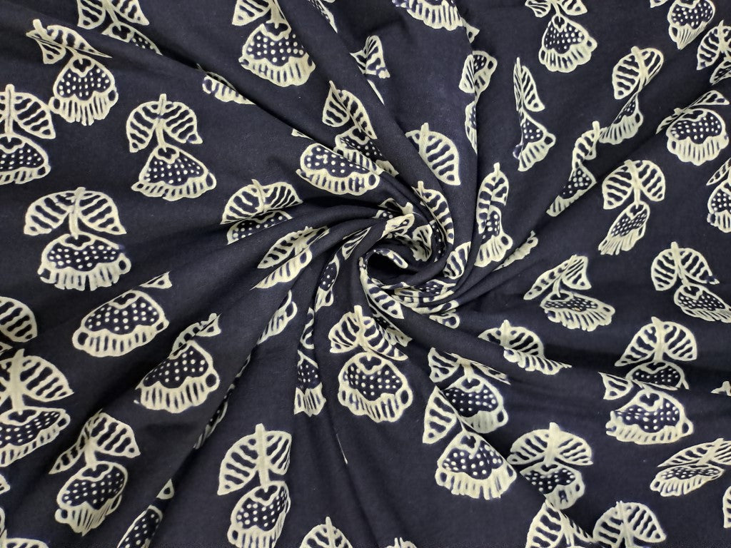 Navy Blue & White Floral Cotton Cambric Fabric - Kapda Shop