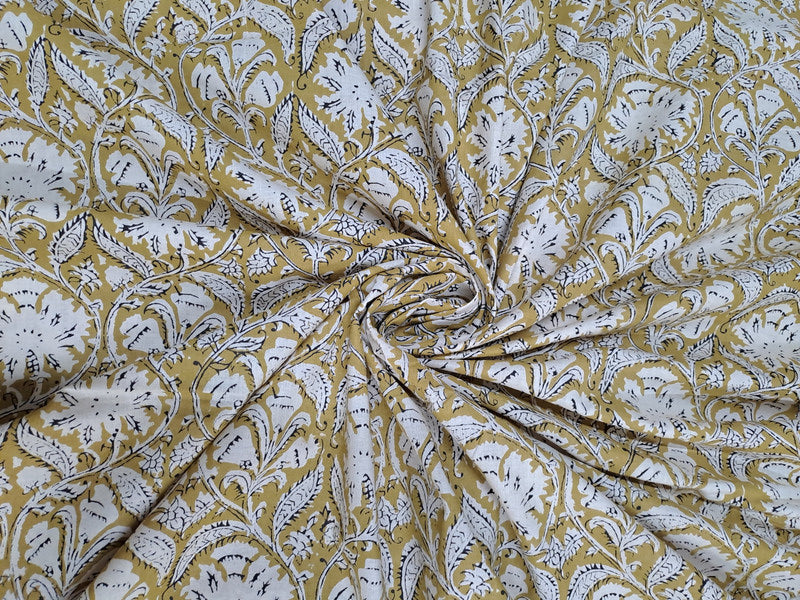 Light Mustard Floral Bagru Cotton Cambric Fabric - Kapda Shop