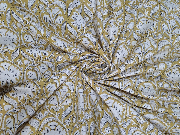 Light Mustard Floral Bagru Cotton Cambric Fabric