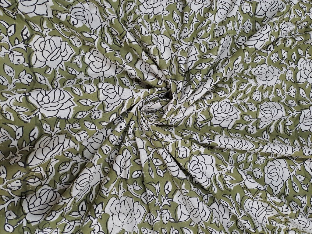 Olive Green Floral Bagru Cotton Cambric Fabric - Kapda Shop