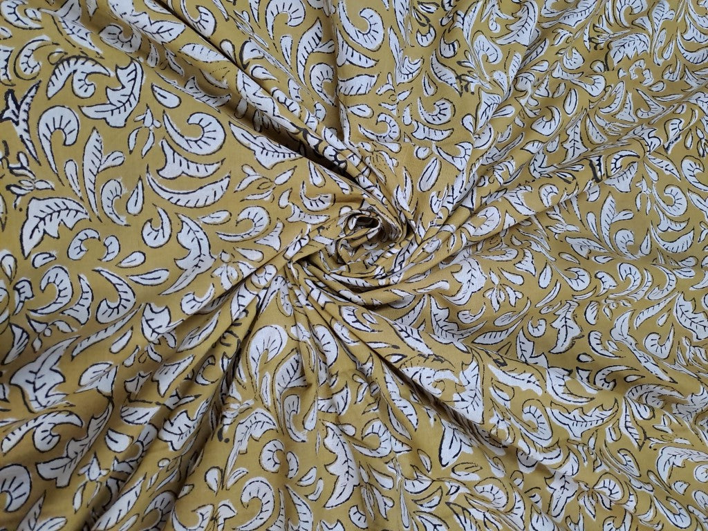 Light Mustard Floral Bagru Cotton Cambric Fabric - Kapda Shop