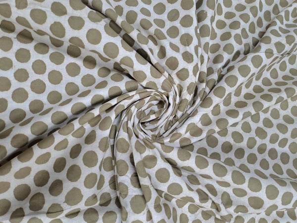 Olive Polka Dots Print Bagru Cotton Cambric Fabric