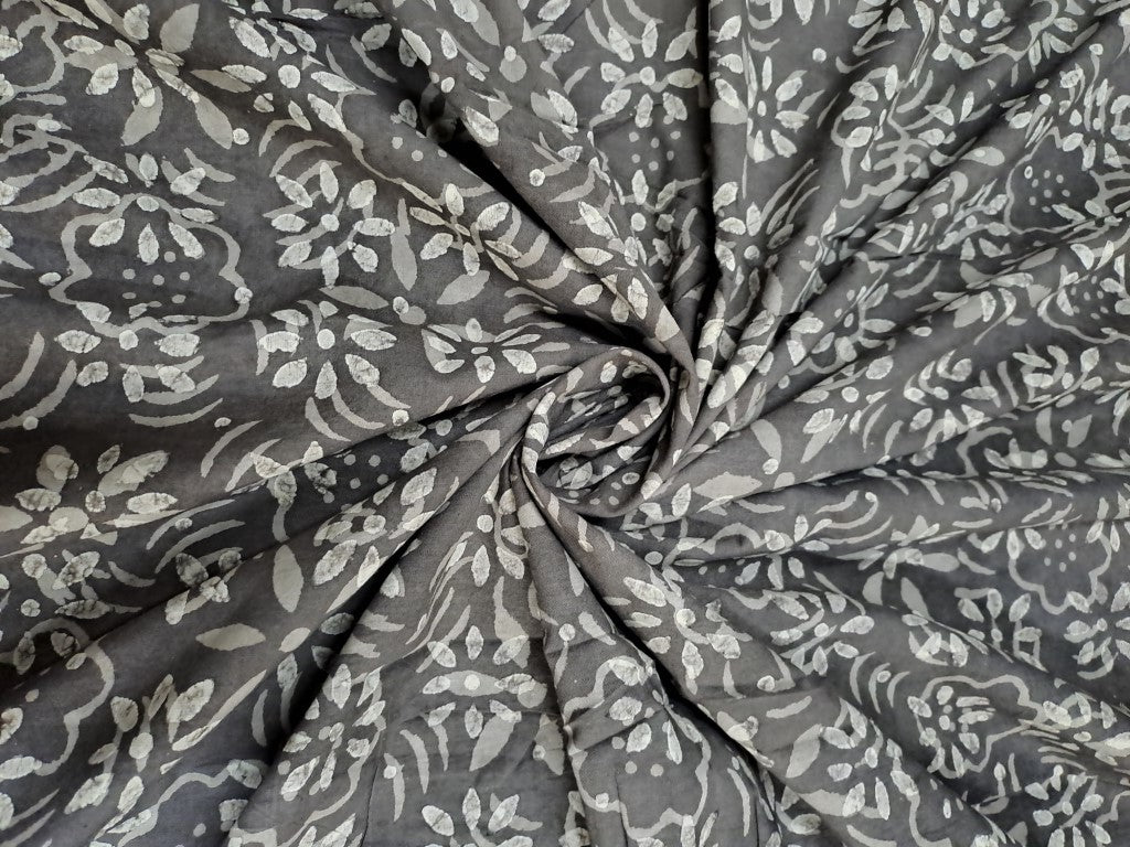 Dark Grey Floral Dabu Cotton Cambric Fabric - Kapda Shop
