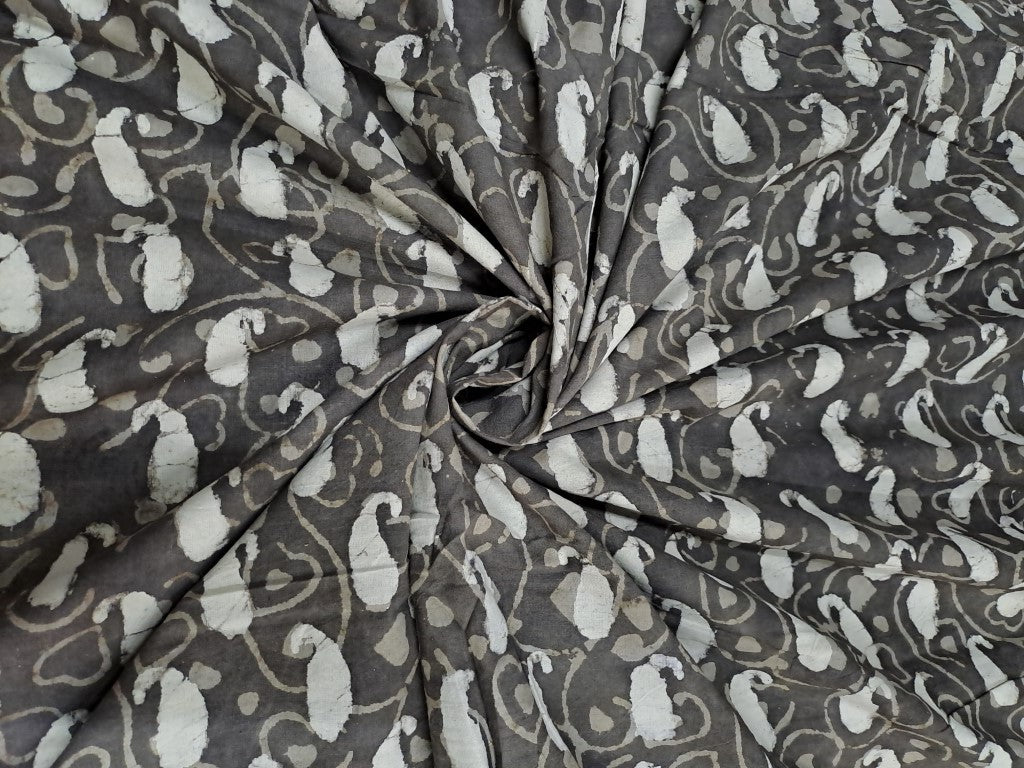 Dark Grey Paisley Dabu Cotton Cambric Fabric - Kapda Shop