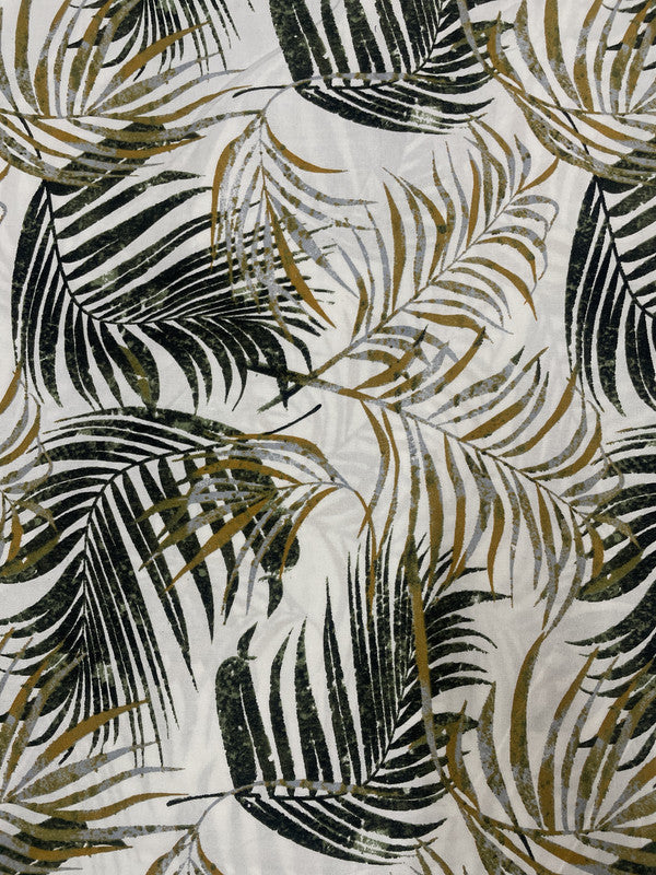 White Green Leaves Rayon Print Fabric - Kapda Shop