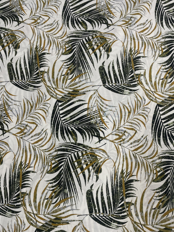 White Green Leaves Rayon Print Fabric