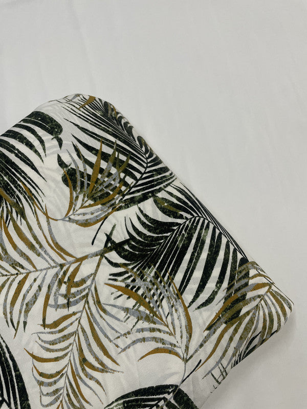 White Green Leaves Rayon Print Fabric - Kapda Shop