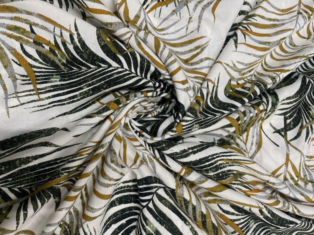 White Green Leaves Rayon Print Fabric - Kapda Shop