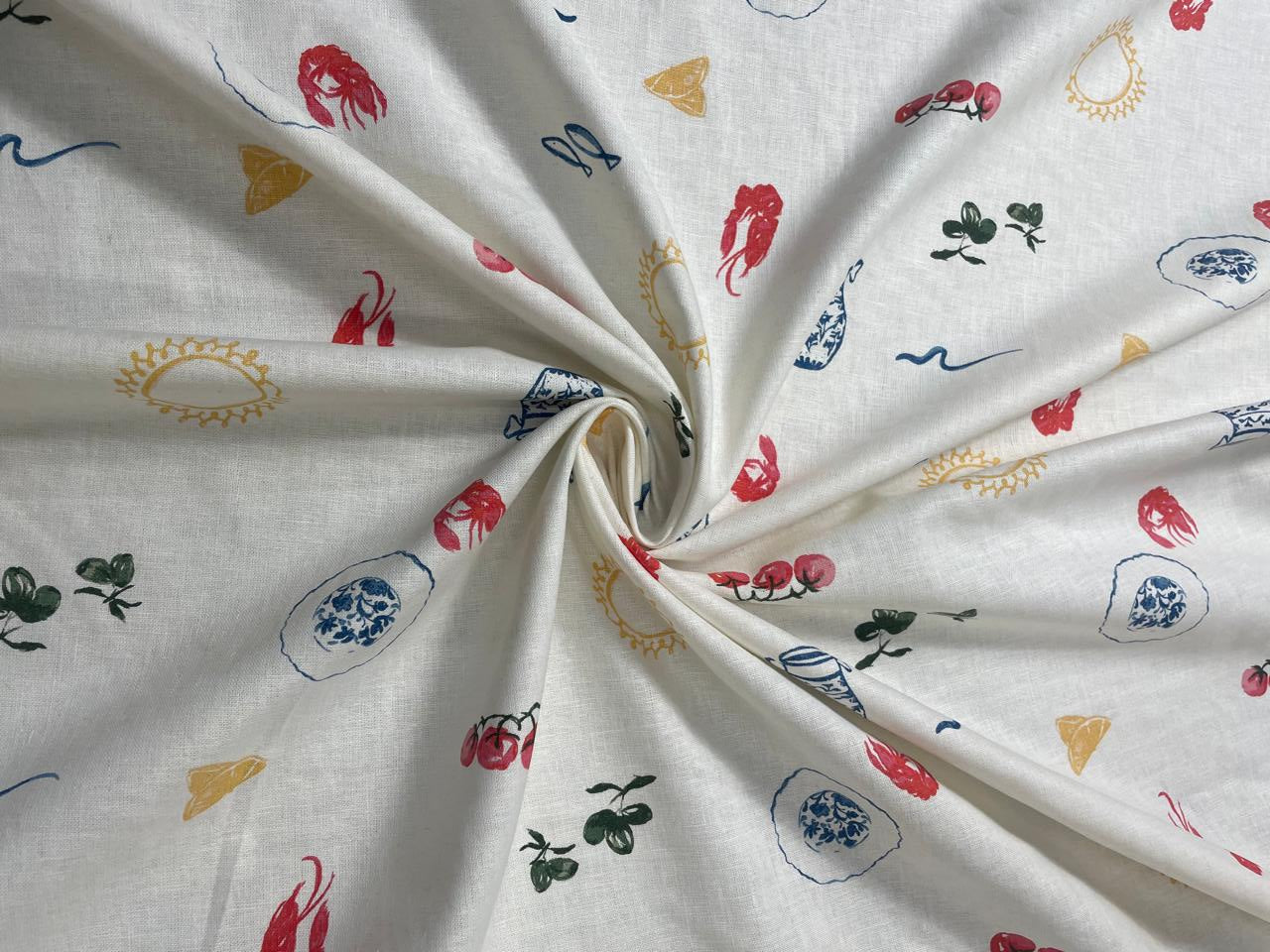 Off White Abstract Cotton Linen Fabric - Kapda Shop