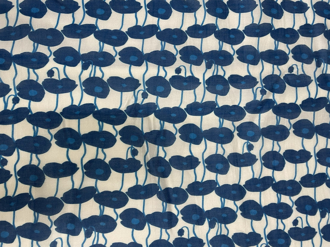 White Blue Abstract Pure Chanderi Fabric - Kapda Shop