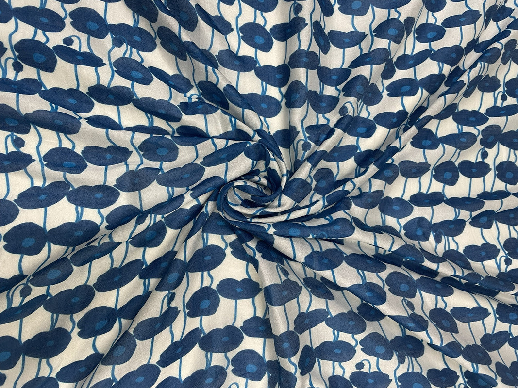 White Blue Abstract Pure Chanderi Fabric - Kapda Shop