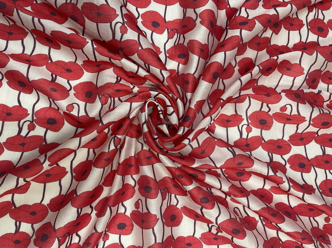 White Red Abstract Pure Chanderi Fabric - Kapda Shop