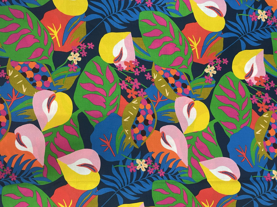 Navy Blue Multicolor Floral Rayon Print Fabric - Kapda Shop