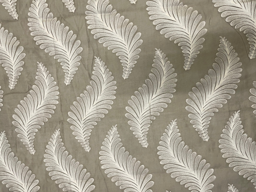 Olive Grey White Leaves Chanderi Mul Embroidery Fabric - Kapda Shop
