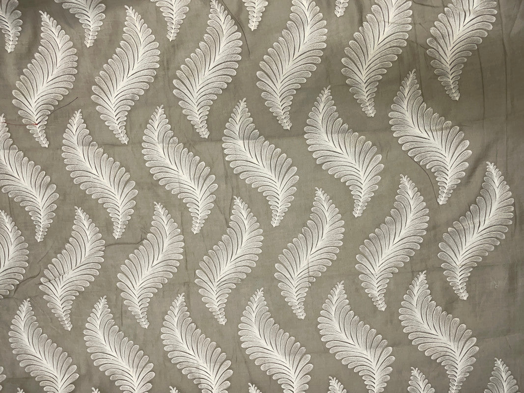 Olive Grey White Leaves Chanderi Mul Embroidery Fabric - Kapda Shop
