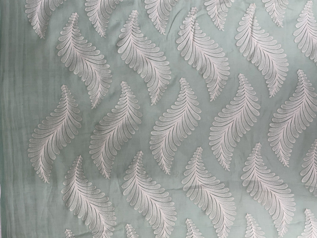 Sea Green White Leaves Chanderi Mul Embroidery Fabric - Kapda Shop