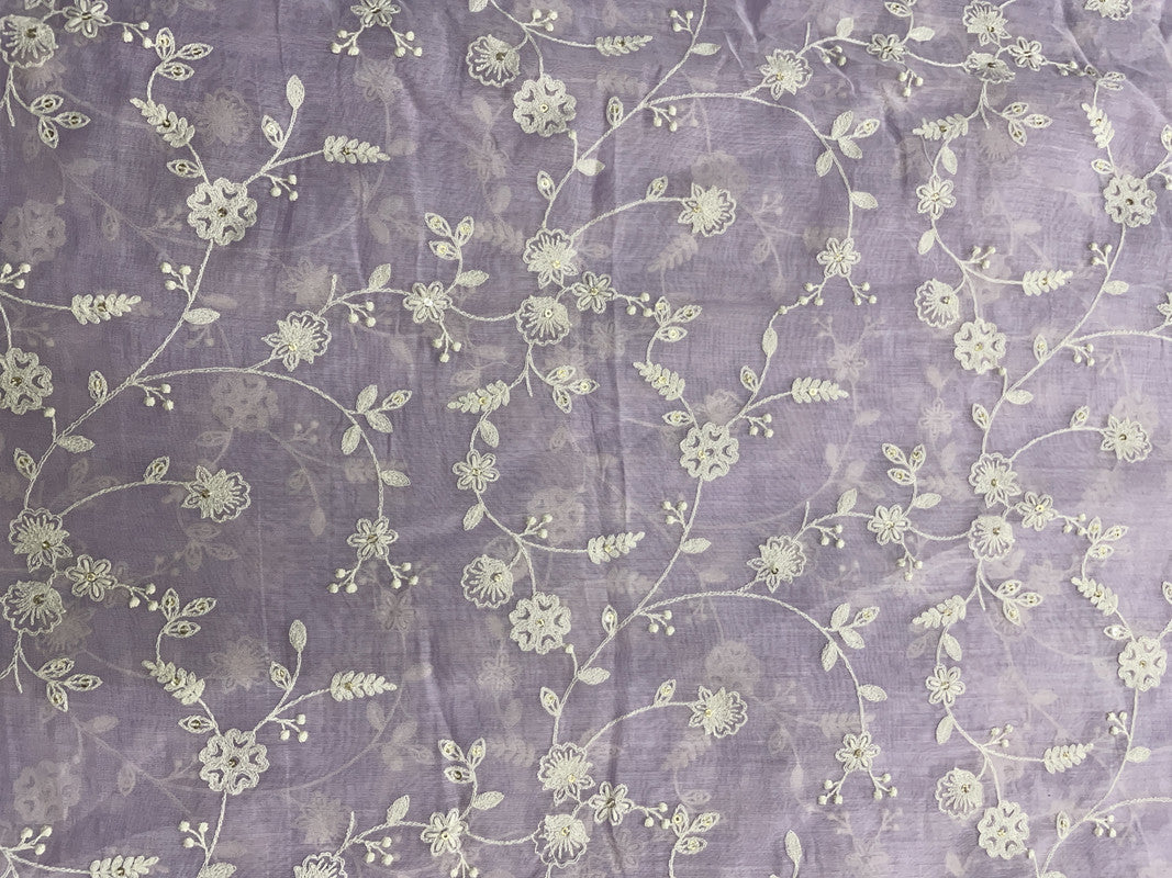 Light Lavender Floral Chanderi Mul Emb Fabric - Kapda Shop