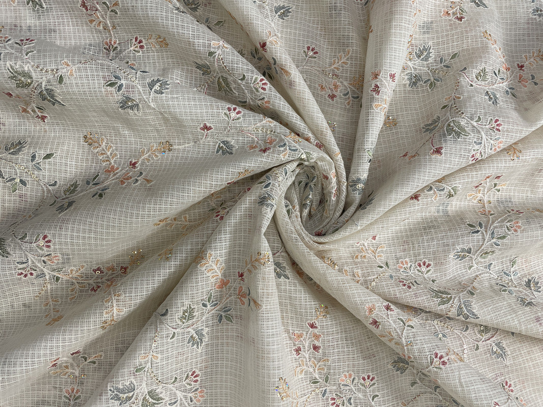 Cream Floral Cotton Kota Checks Embroidery Fabric - Kapda Shop