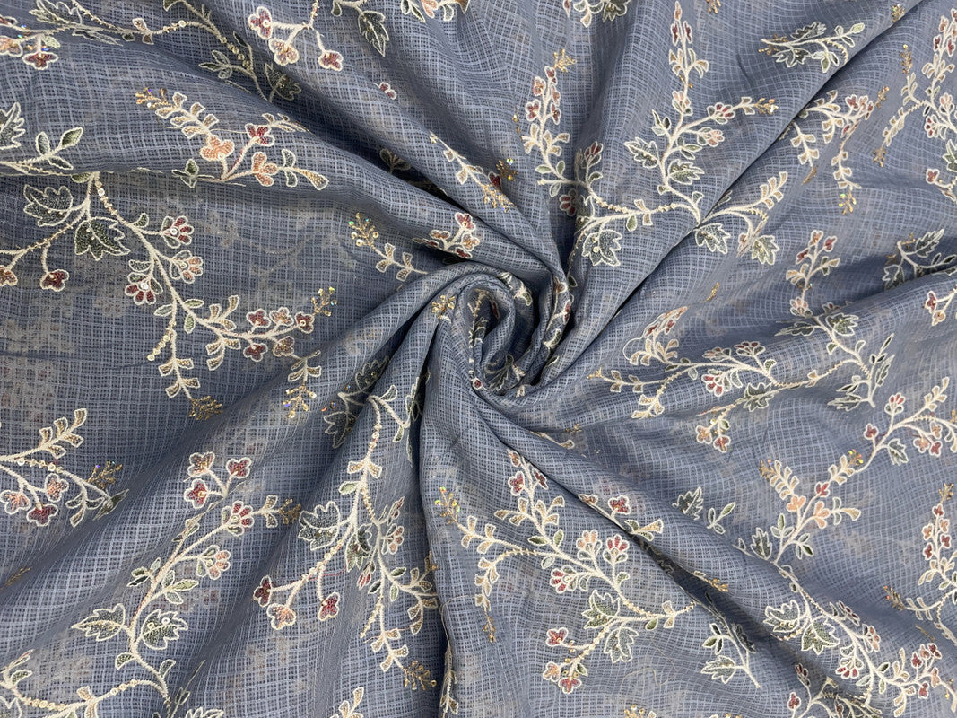 Grey Floral Cotton Kota Checks Embroidery Fabric - Kapda Shop