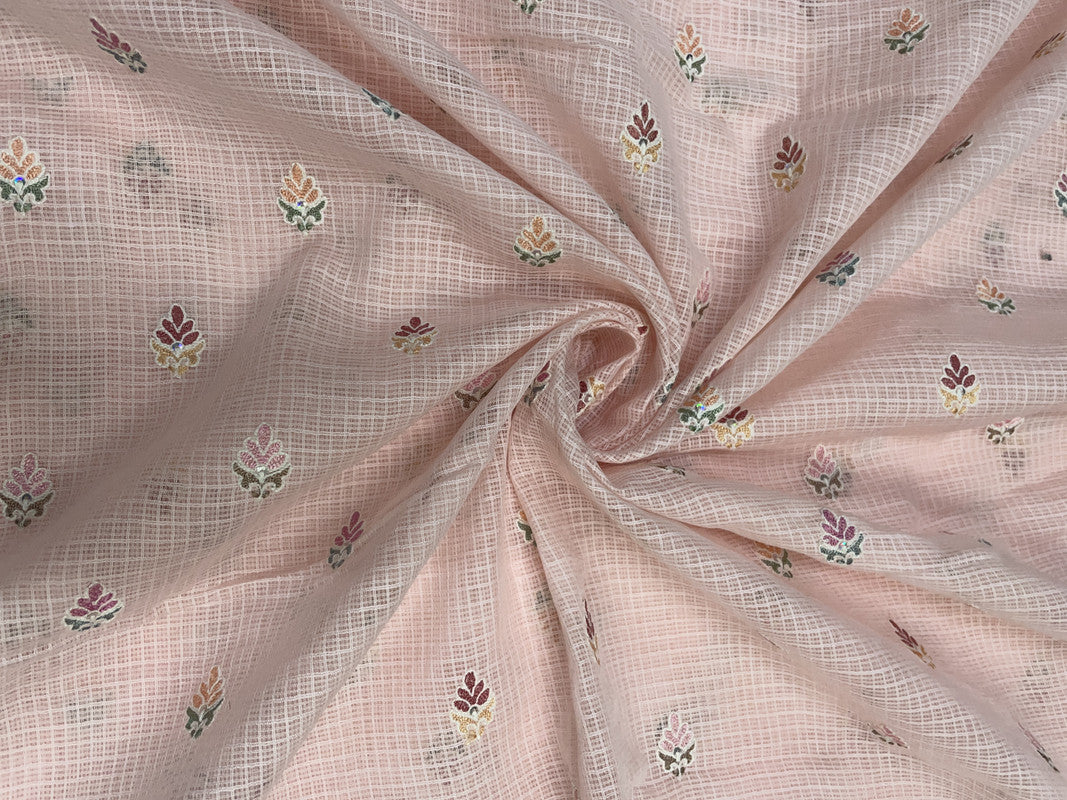 Peach Leaves Cotton Kota Checks Embroidery Fabric - Kapda Shop
