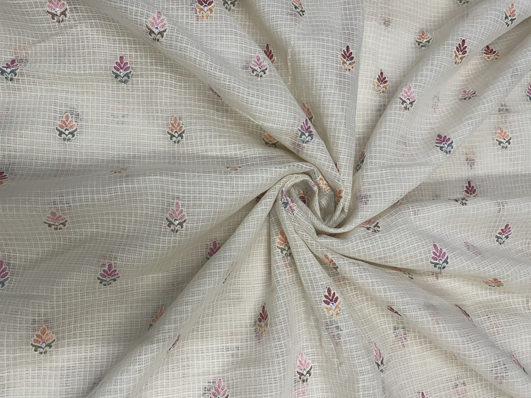 Cream Leaves Cotton Kota Checks Embroidery Fabric - Kapda Shop