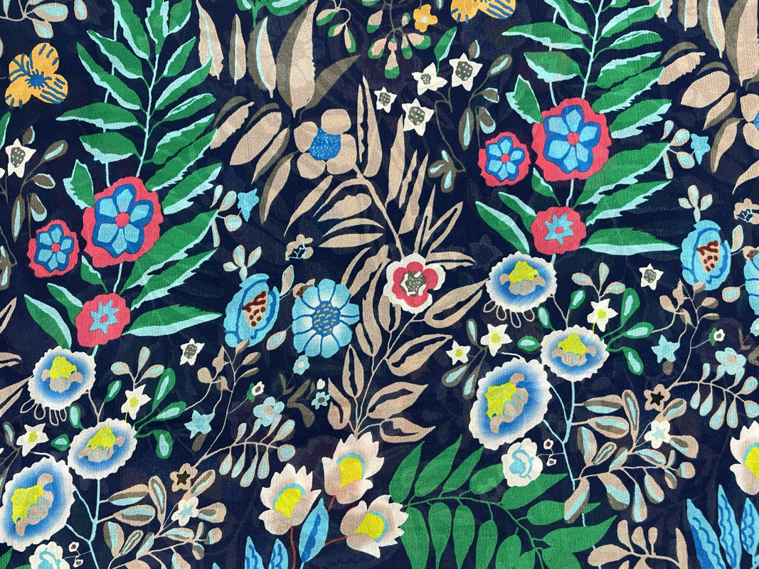 Navy Blue Multicolor Floral Chinon Chiffon Fabric - Kapda Shop