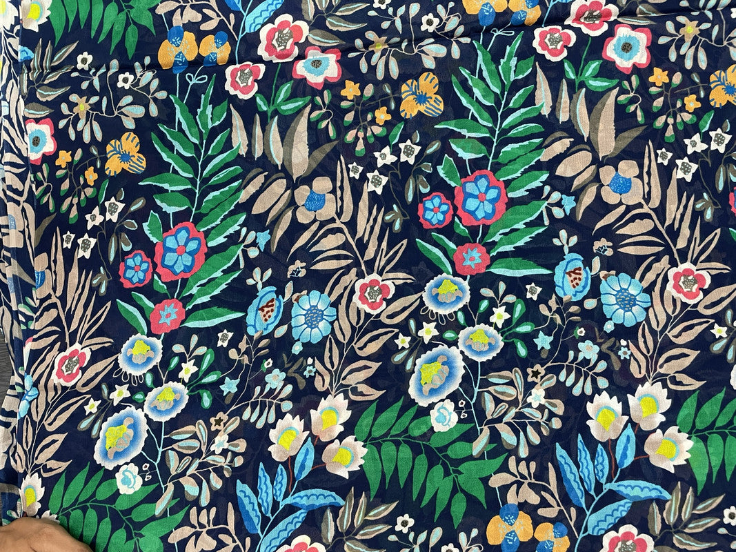Navy Blue Multicolor Floral Chinon Chiffon Fabric - Kapda Shop