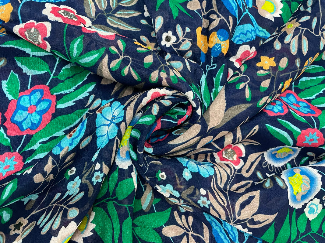 Navy Blue Multicolor Floral Chinon Chiffon Fabric - Kapda Shop