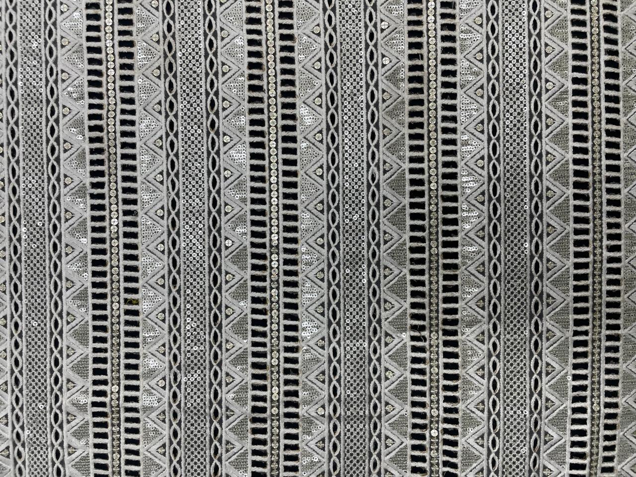 Off White Stripes Embroidered Net Fabric - Kapda Shop