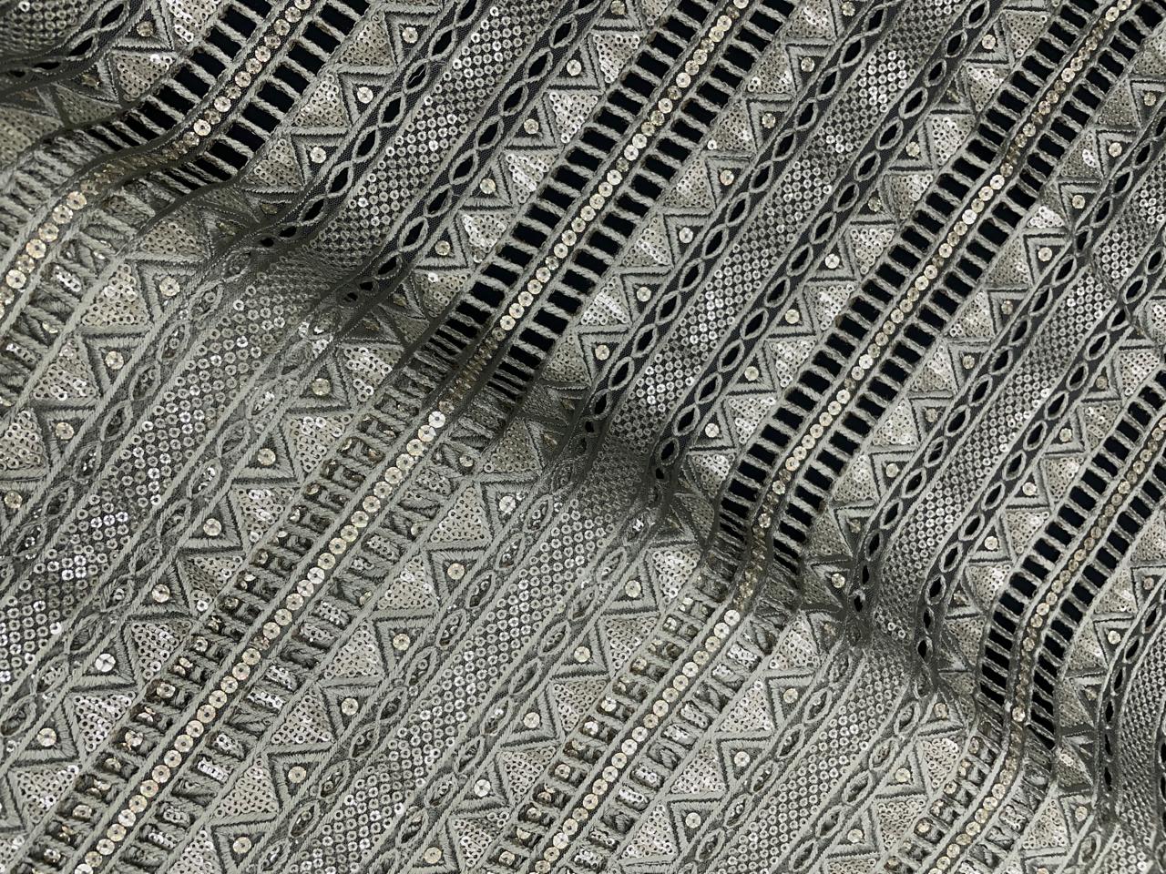 Pista Green Stripes Embroidered Net Fabric - Kapda Shop