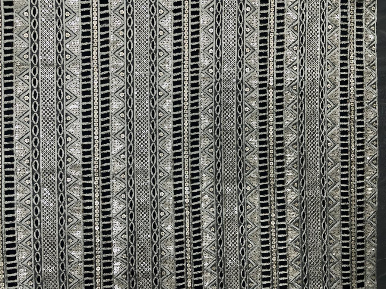 Pista Green Stripes Embroidered Net Fabric - Kapda Shop