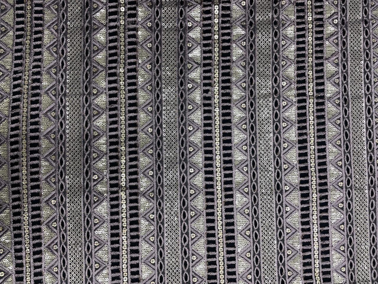 Lilac Stripes Embroidered Net Fabric - Kapda Shop