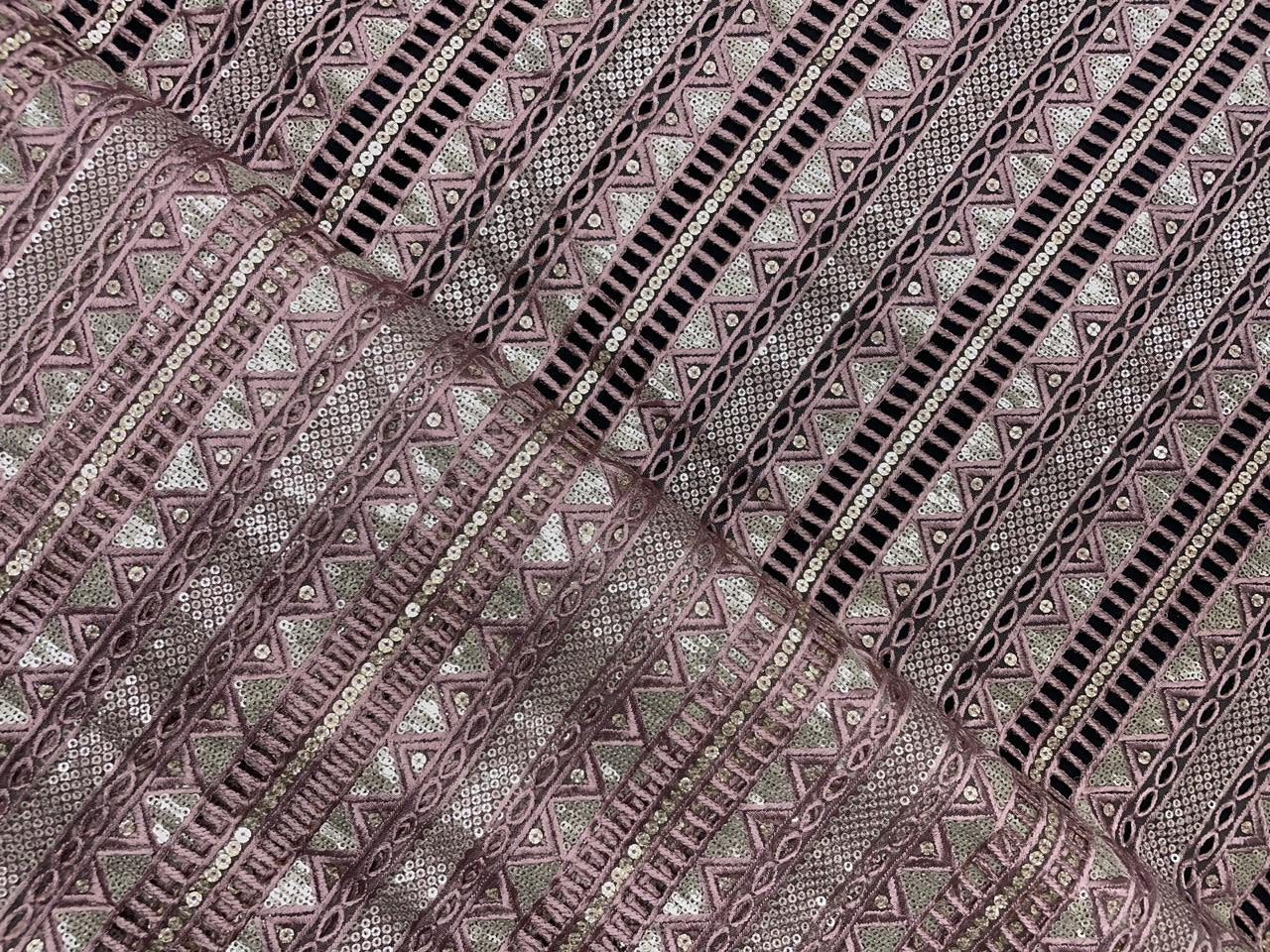 Onion Pink Stripes Embroidered Net Fabric - Kapda Shop