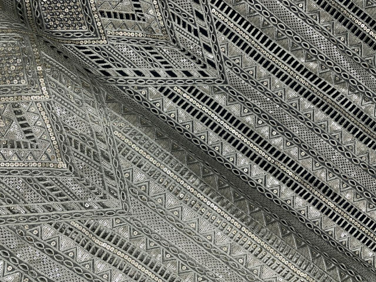 Pista Green Geometric Embroidered Net Fabric - Kapda Shop