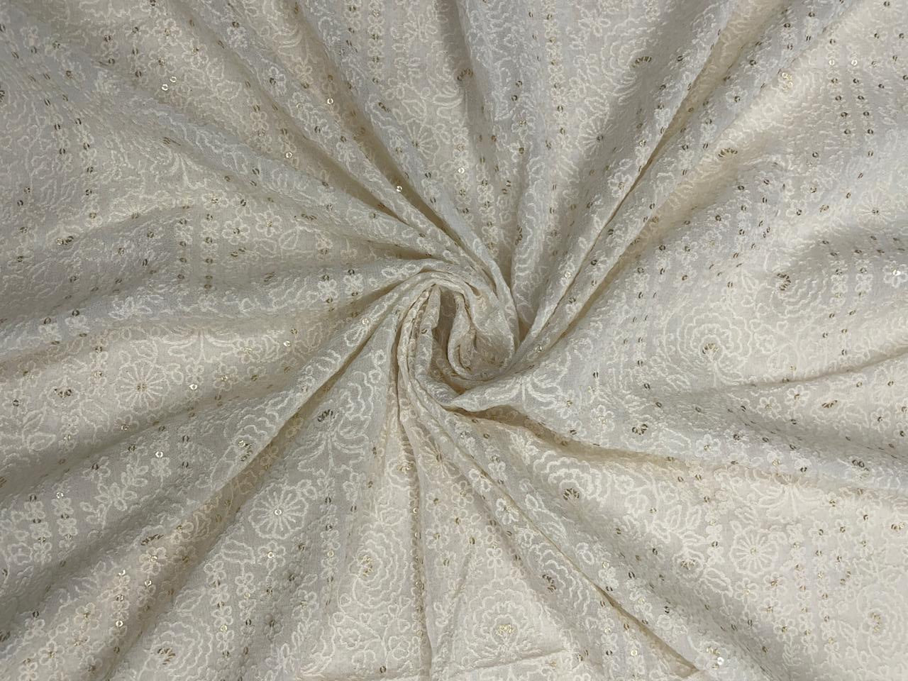 White Dyeable Geometric Georgette Embroidered Fabric - Kapda Shop