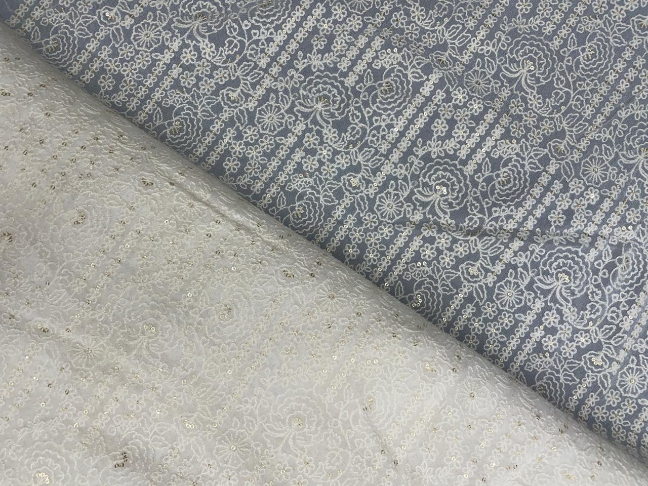 White Dyeable Geometric Georgette Embroidered Fabric - Kapda Shop