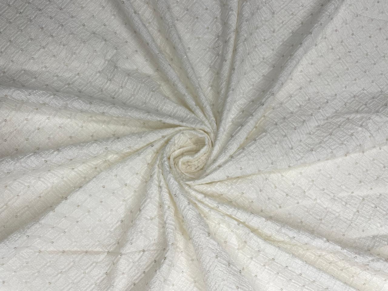 White Dyeable Geometric Dola Silk Embroidered Fabric - Kapda Shop