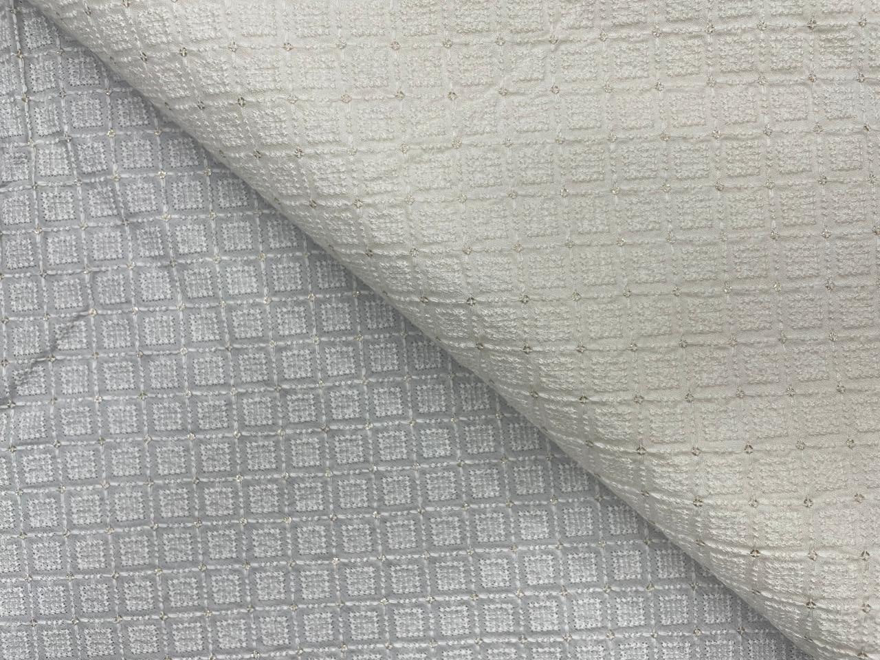 White Dyeable Geometric Dola Silk Embroidered Fabric - Kapda Shop