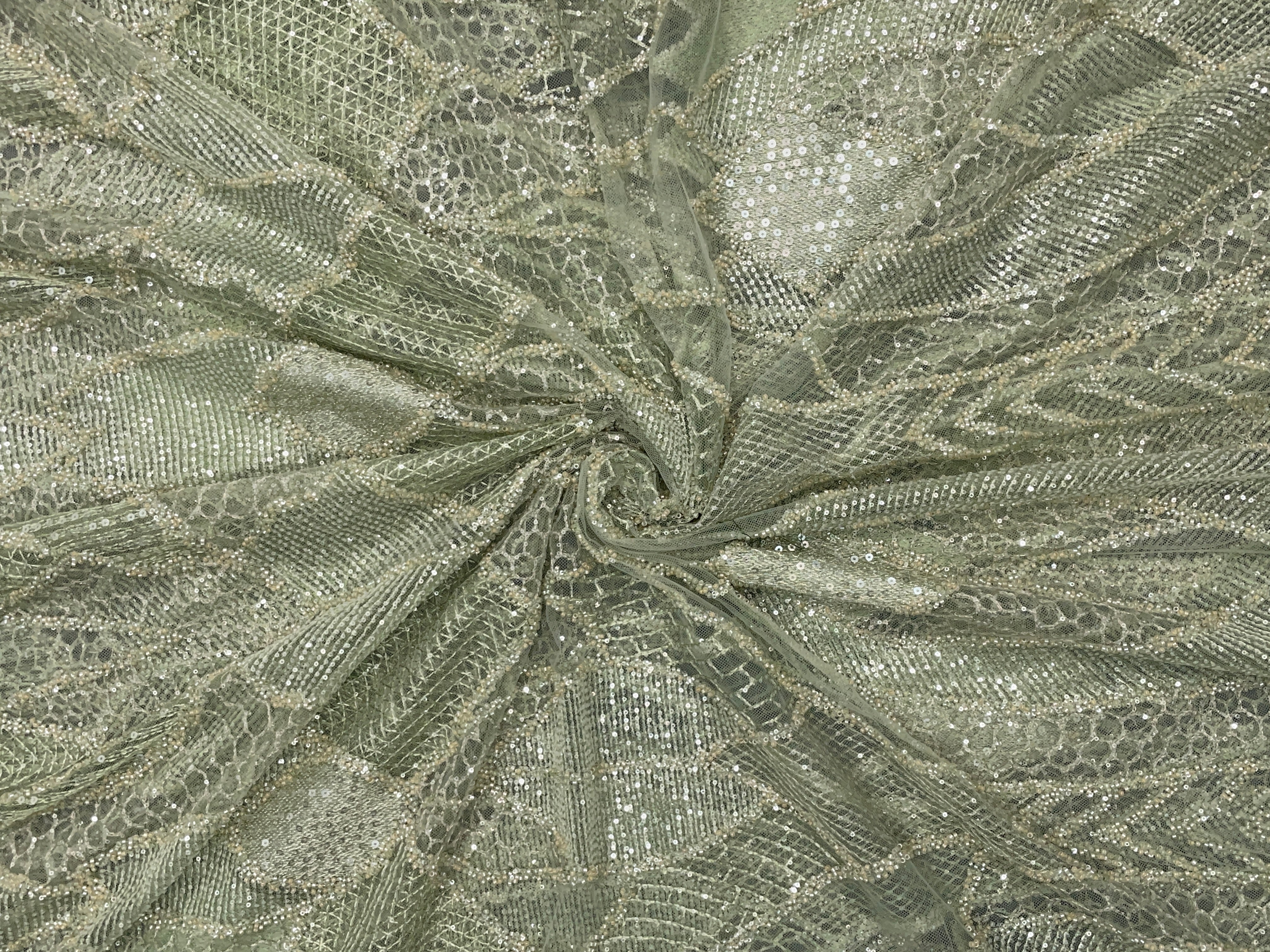 Pista Green Abstract Sequence Net Embroidered Fabric - Kapda Shop