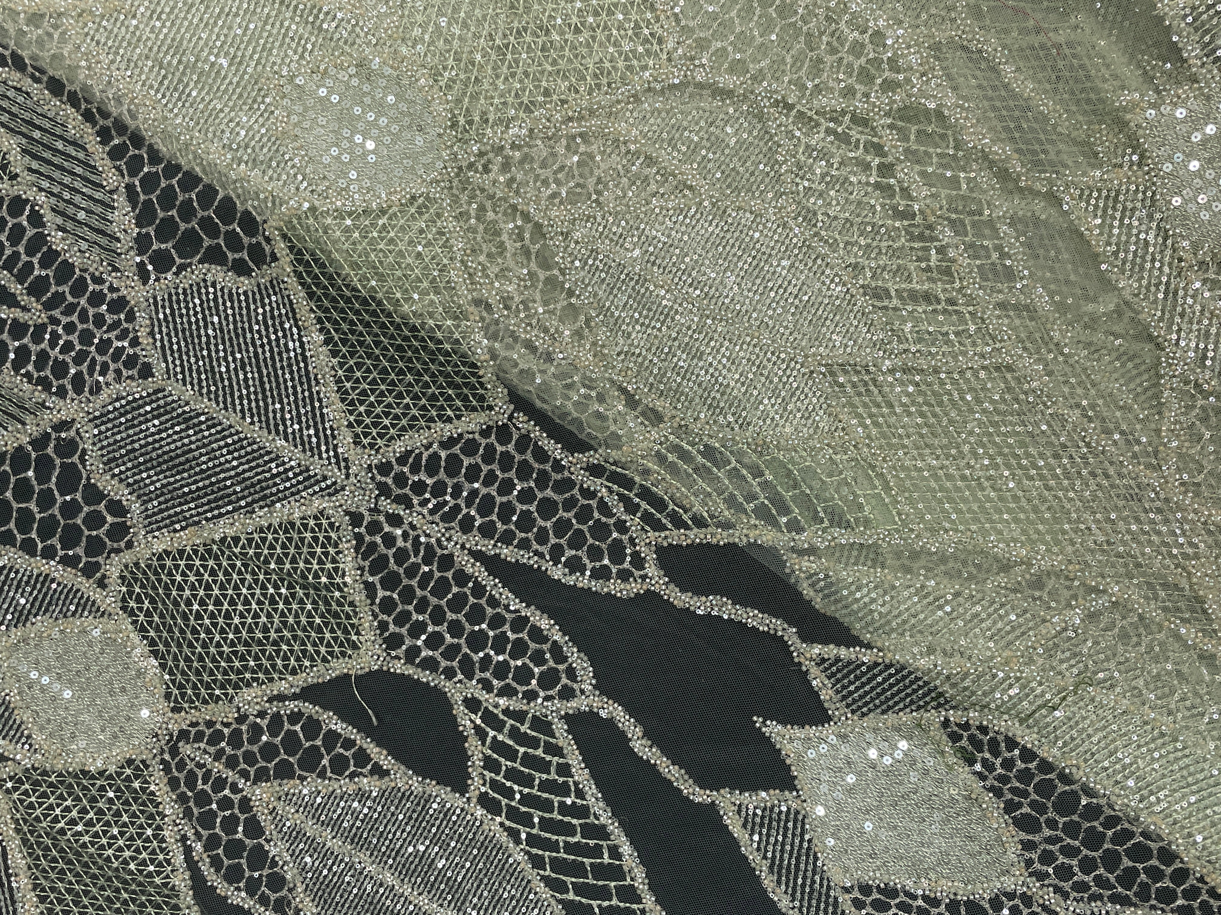 Pista Green Abstract Sequence Net Embroidered Fabric - Kapda Shop