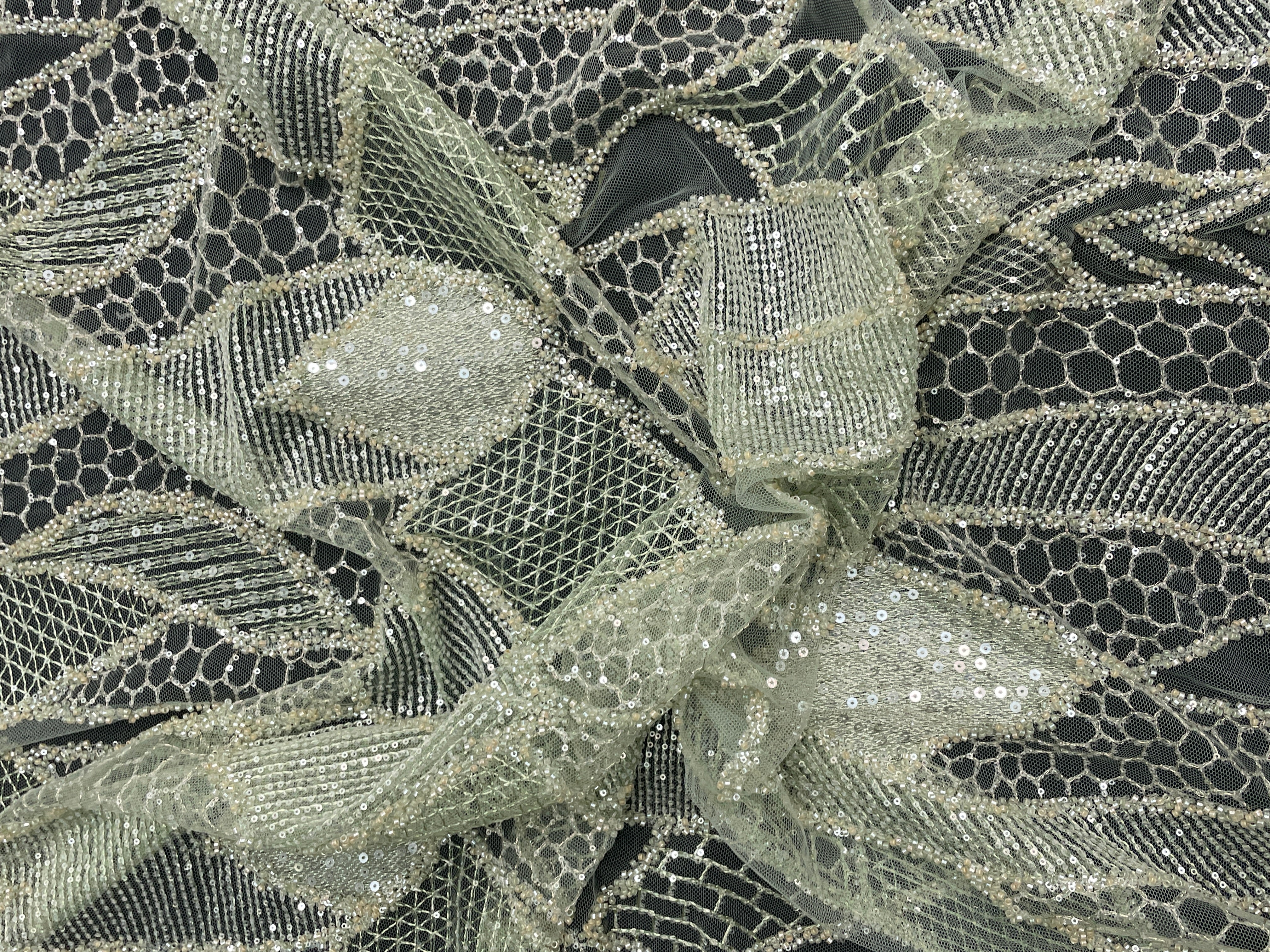 Pista Green Abstract Sequence Net Embroidered Fabric - Kapda Shop