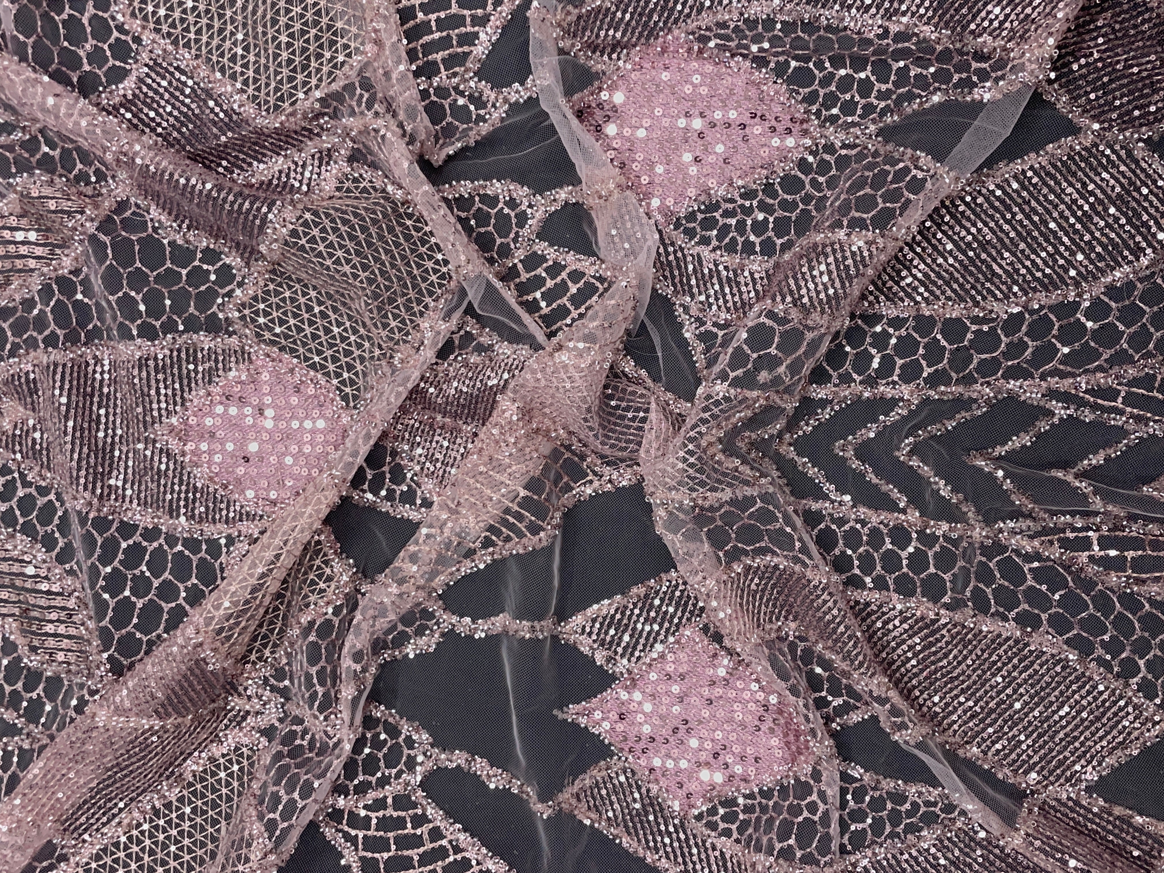 Onion Pink Abstract Sequence Net Embroidered Fabric - Kapda Shop