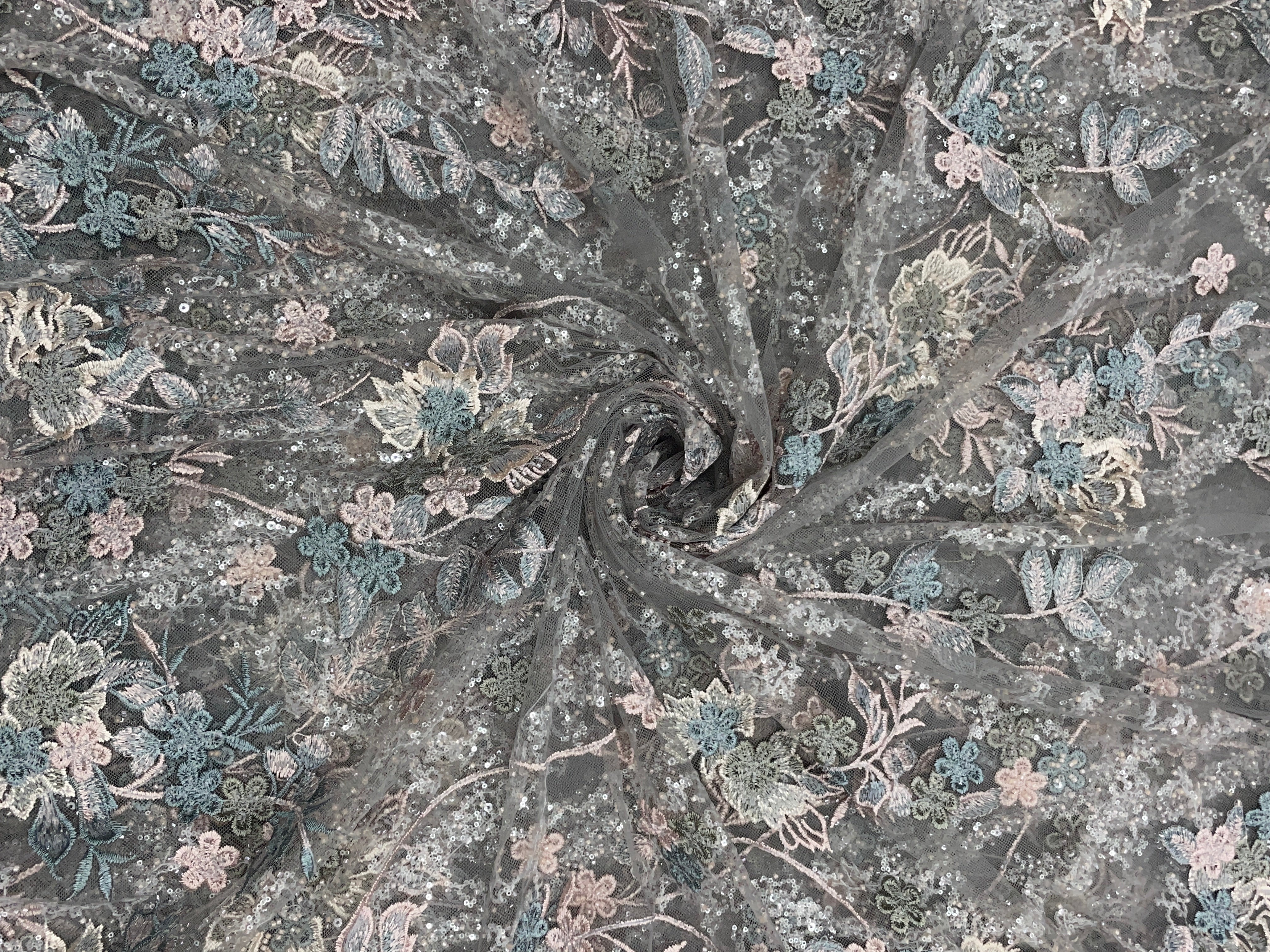 Grey Floral Embroidered Net Fabric - Kapda Shop