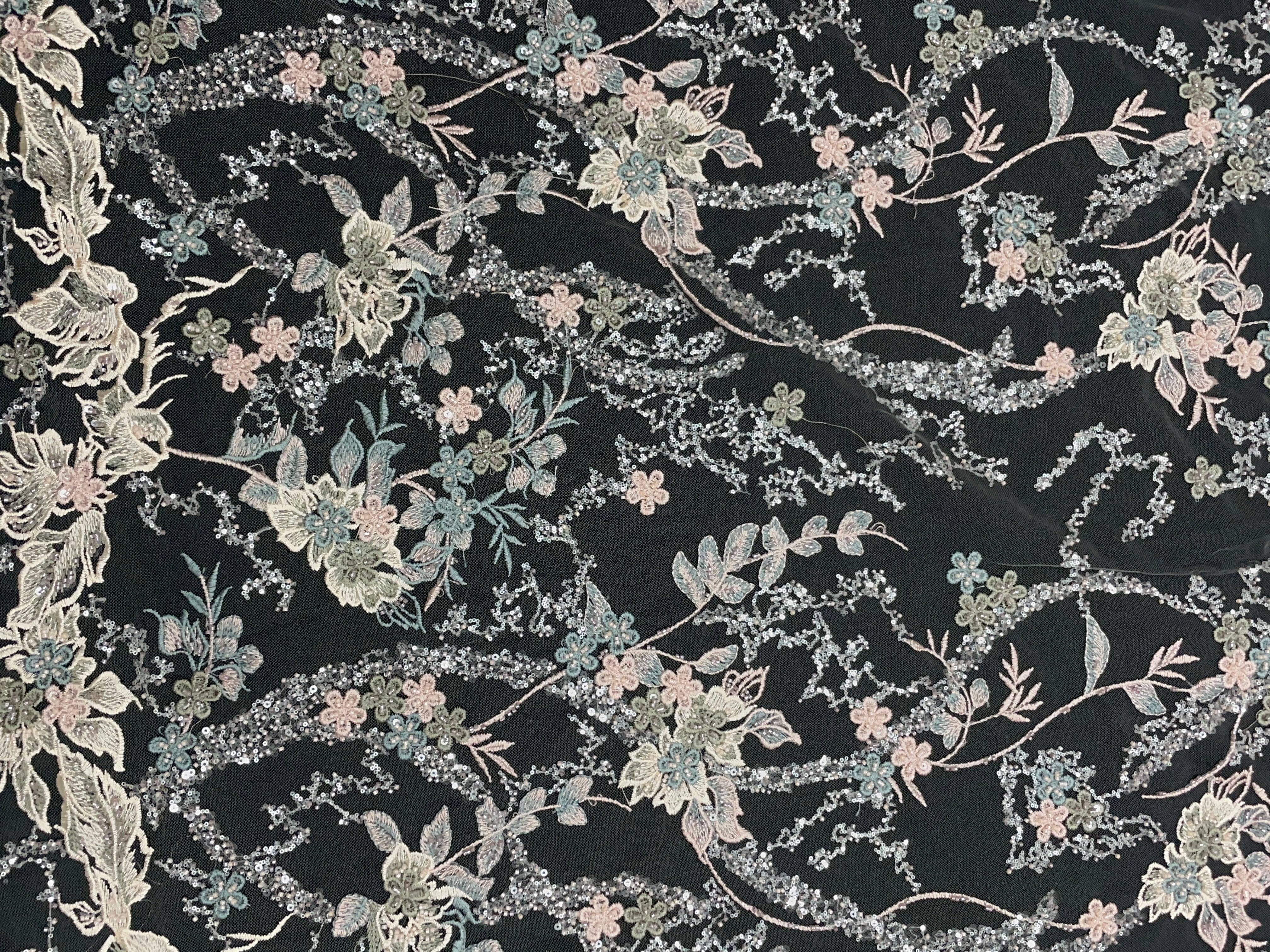Grey Floral Embroidered Net Fabric - Kapda Shop
