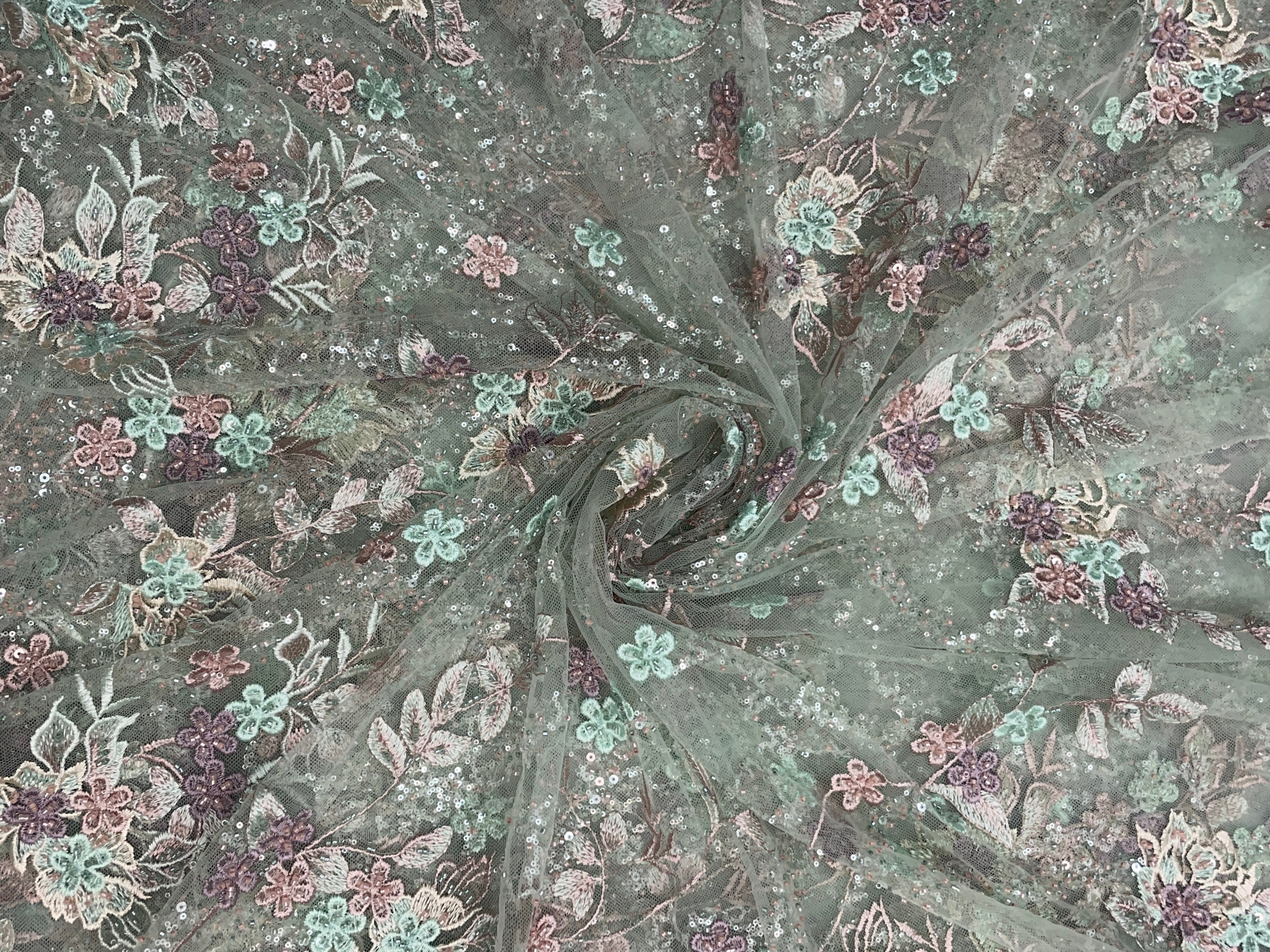 Sea Green Floral Embroidered Net Fabric - Kapda Shop